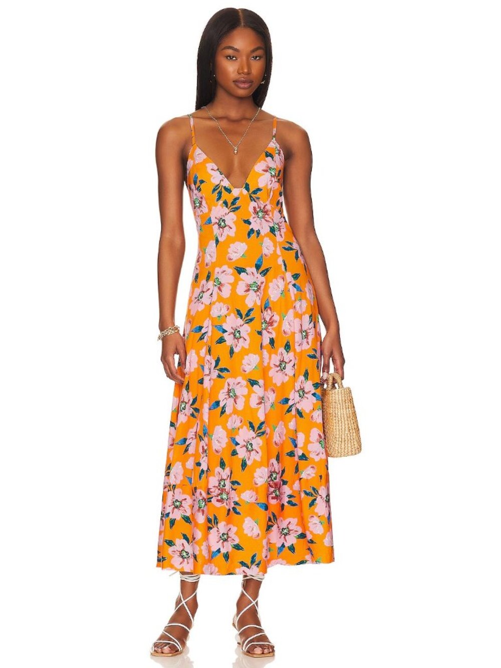 NWT Free People Finer Things Printed Midi in Sunshine Combo Cotton Tank Dress L